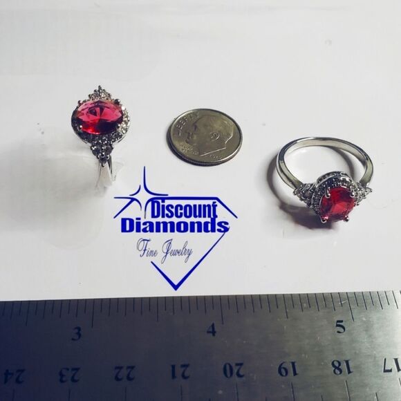 Oval Red Ruby Ring with Clusters of White Baguette Diamonds on 925 Silver - Picture 5 of 10